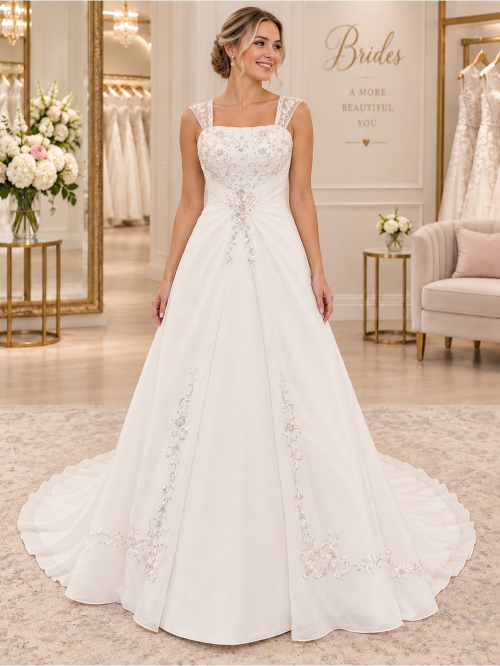 NWT DaVinci Size 10 Light Ivory Pearl Beaded Wedding Dress On/Off Shoulder